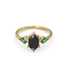 Load image into Gallery viewer, Elongated Black Spinel Gold Engagement Ring, Lab Emerald Kite Gemstone Ring for her, Black Gift for Toker