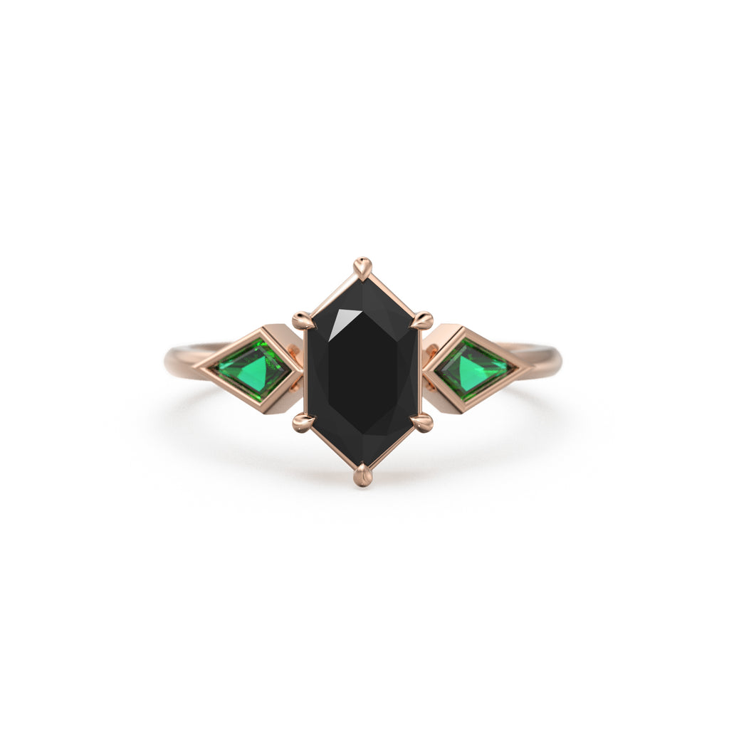 Elongated Black Spinel Gold Engagement Ring, Lab Emerald Kite Gemstone Ring for her, Black Gift for Toker