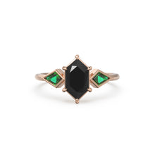 Load image into Gallery viewer, Elongated Black Spinel Gold Engagement Ring, Lab Emerald Kite Gemstone Ring for her, Black Gift for Toker