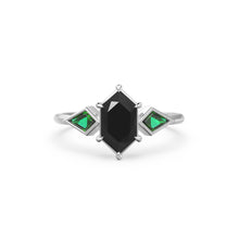 Load image into Gallery viewer, Elongated Black Spinel Gold Engagement Ring, Lab Emerald Kite Gemstone Ring for her, Black Gift for Toker
