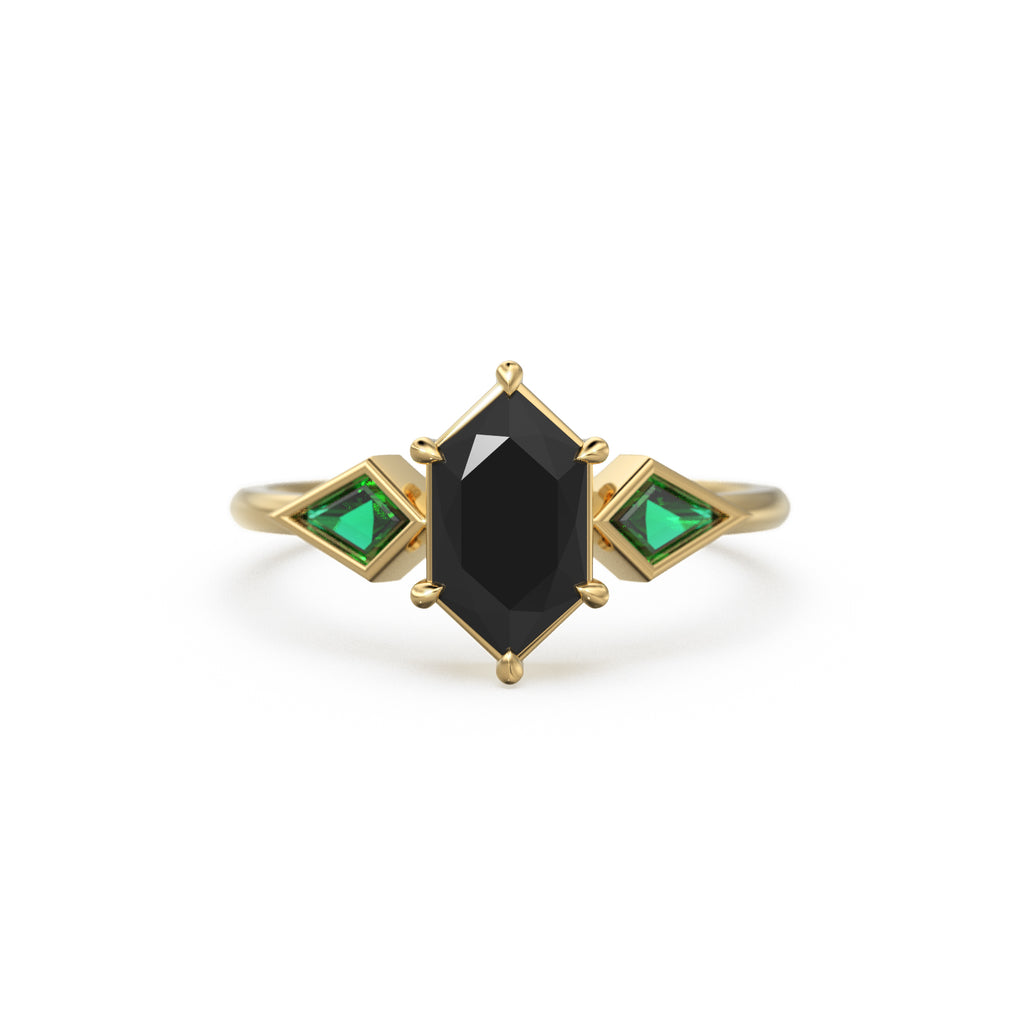 Elongated Black Spinel Gold Engagement Ring, Lab Emerald Kite Gemstone Ring for her, Black Gift for Toker