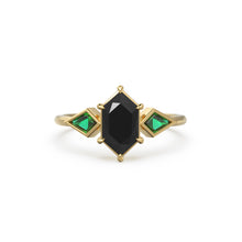 Load image into Gallery viewer, Elongated Black Spinel Gold Engagement Ring, Lab Emerald Kite Gemstone Ring for her, Black Gift for Toker