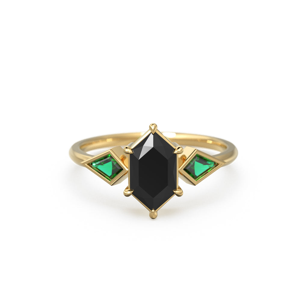Elongated Black Spinel Gold Engagement Ring, Lab Emerald Kite Gemstone Ring for her, Black Gift for Toker