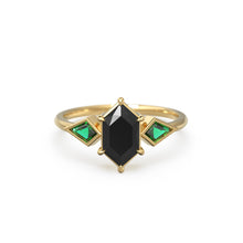 Load image into Gallery viewer, Elongated Black Spinel Gold Engagement Ring, Lab Emerald Kite Gemstone Ring for her, Black Gift for Toker