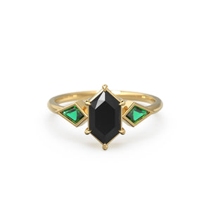 Elongated Black Spinel Gold Engagement Ring, Lab Emerald Kite Gemstone Ring for her, Black Gift for Toker