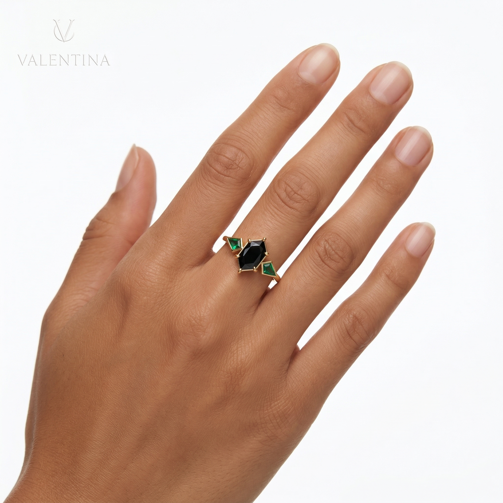 Elongated Black Spinel Gold Engagement Ring, Lab Emerald Kite Gemstone Ring for her, Black Gift for Toker