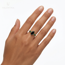 Load image into Gallery viewer, Elongated Black Spinel Gold Engagement Ring, Lab Emerald Kite Gemstone Ring for her, Black Gift for Toker