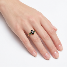 Load image into Gallery viewer, Elongated Black Spinel Gold Engagement Ring, Lab Emerald Kite Gemstone Ring for her, Black Gift for Toker