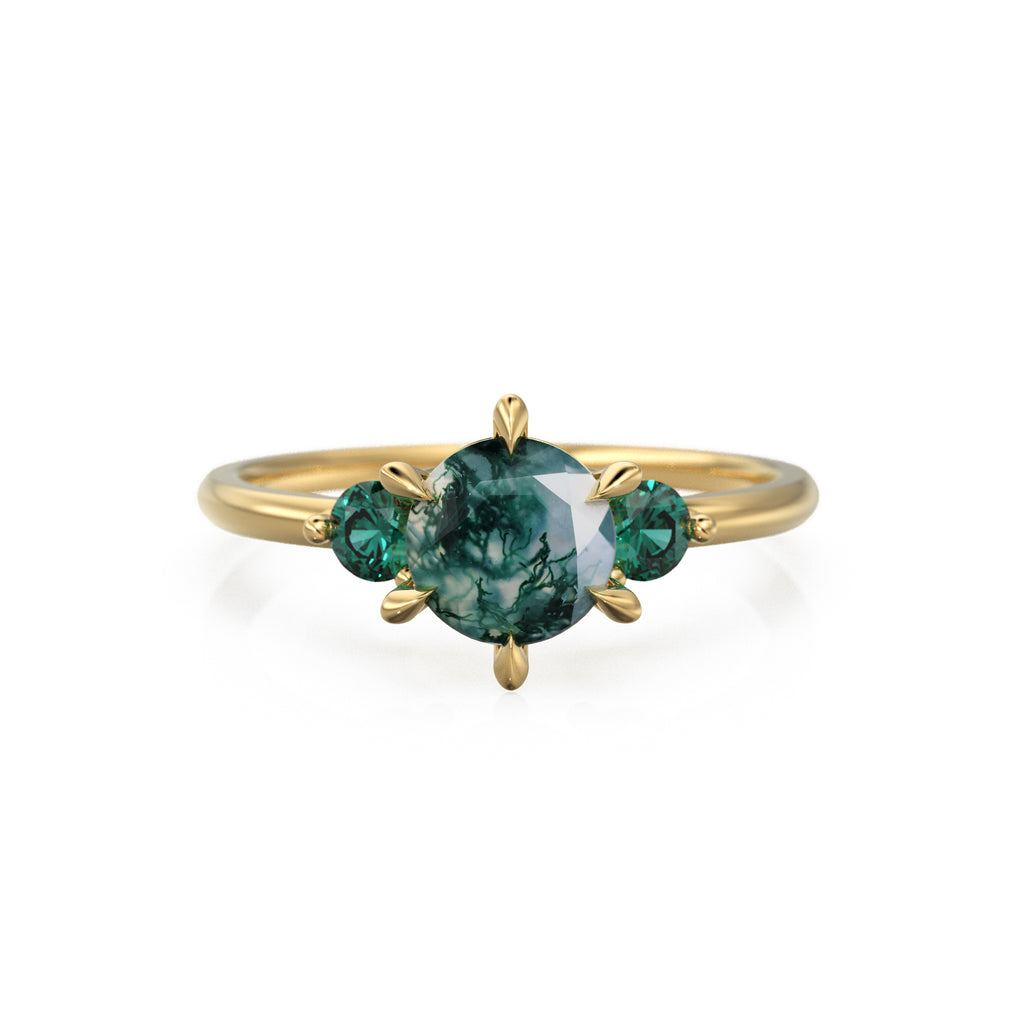 Moss Agate Engagament Ring in NYC, Zambian Green Emerald Three Stone Ring, Gift for her, Nature Inspired Ring