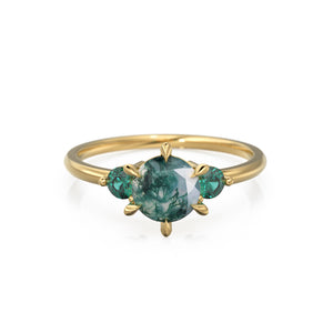 Moss Agate Engagament Ring in NYC, Zambian Green Emerald Three Stone Ring, Gift for her, Nature Inspired Ring