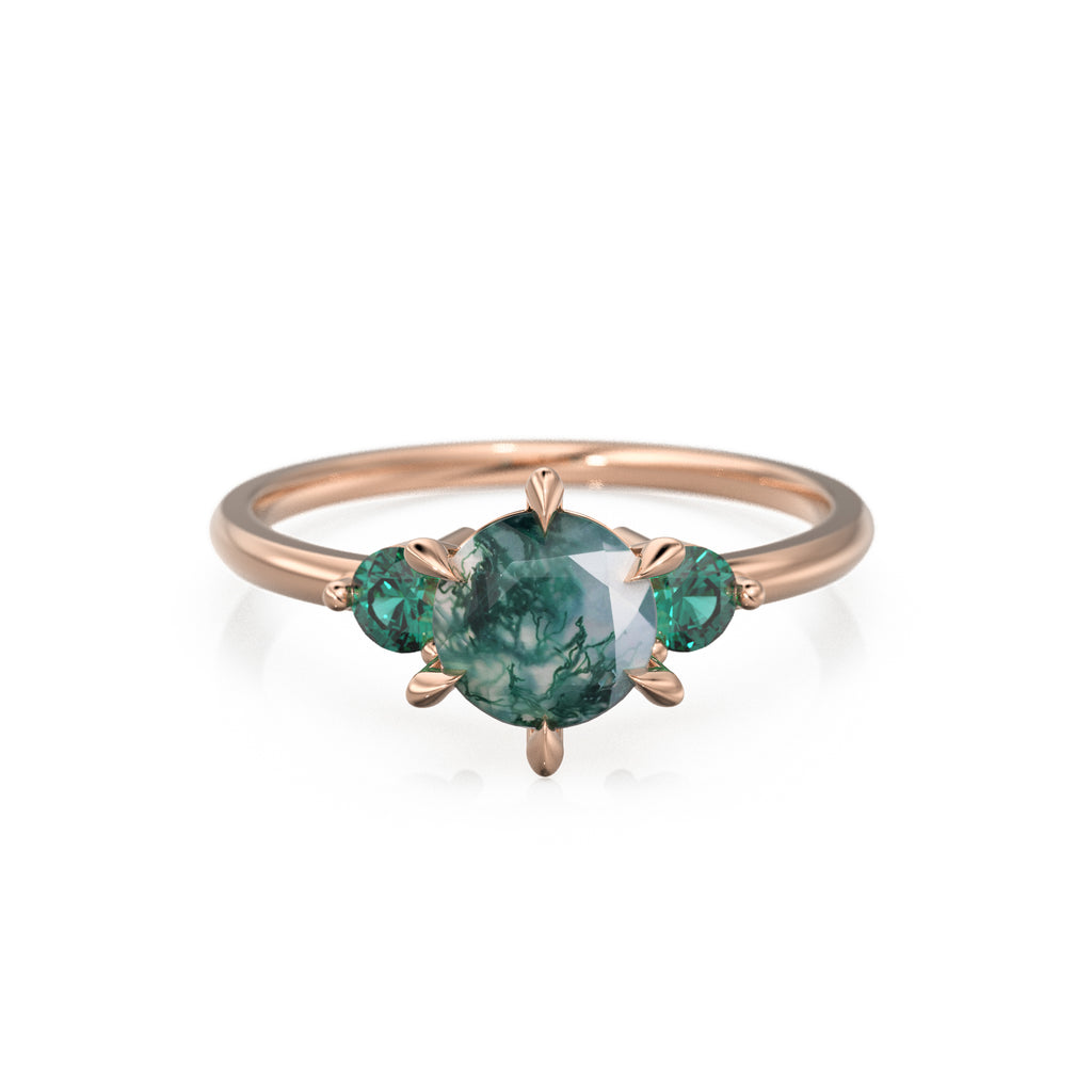 Moss Agate Engagament Ring in NYC, Zambian Green Emerald Three Stone Ring, Gift for her, Nature Inspired Ring