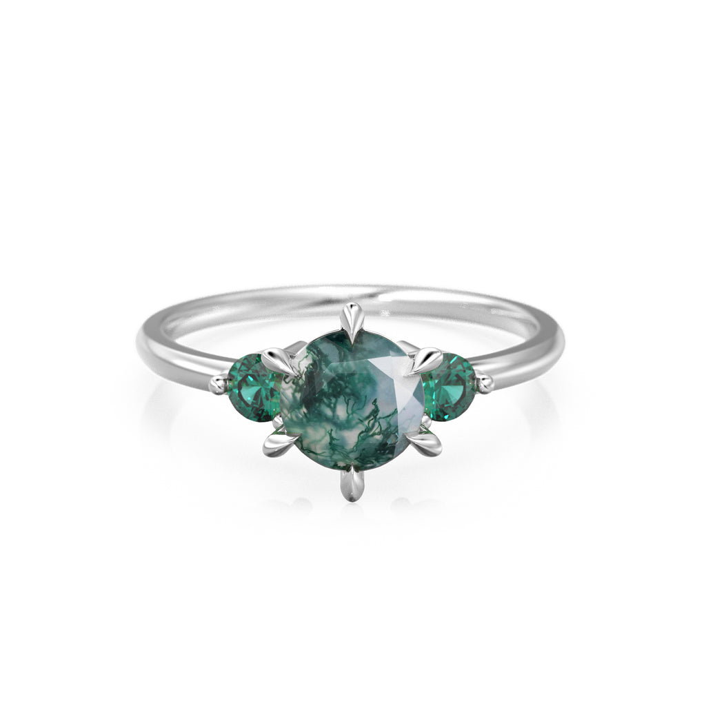 Moss Agate Engagament Ring in NYC, Zambian Green Emerald Three Stone Ring, Gift for her, Nature Inspired Ring