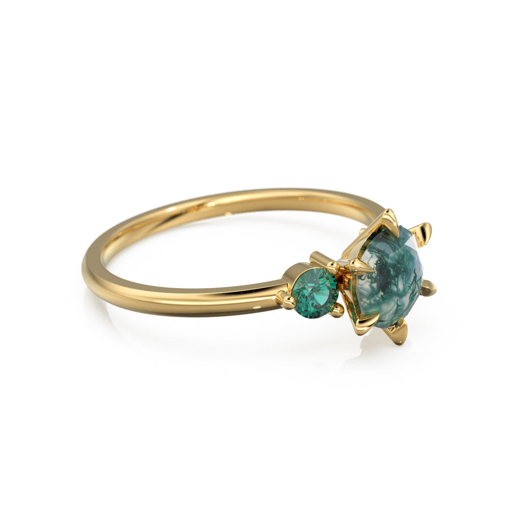 Moss Agate Engagament Ring in NYC, Zambian Green Emerald Three Stone Ring, Gift for her, Nature Inspired Ring