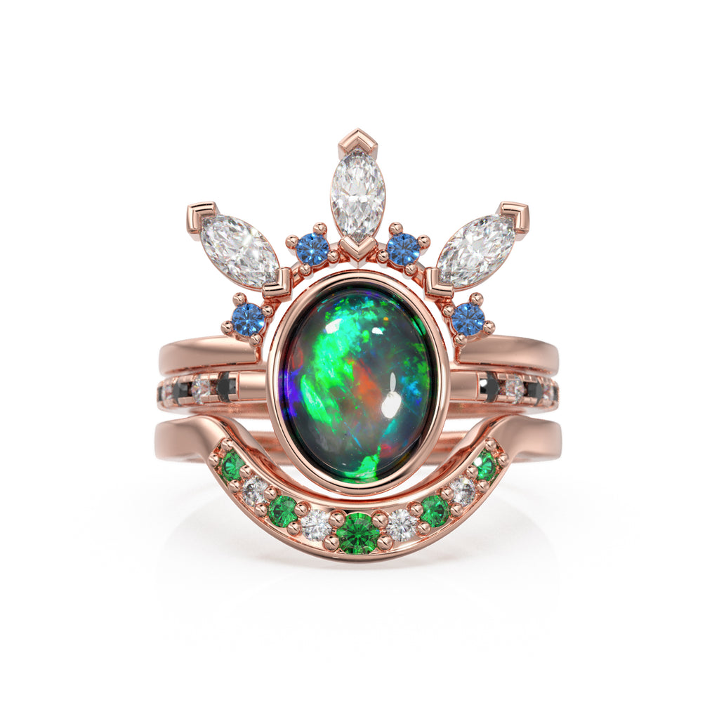 Black Opal Engagement Ring Set, Lab Diamond Lightning Ridge Solid Rose Gold Opal Ring, Blue Sapphire Lagoon Set