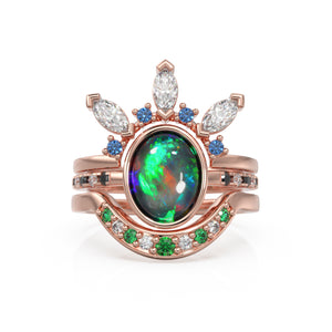 Black Opal Engagement Ring Set, Lab Diamond Lightning Ridge Solid Rose Gold Opal Ring, Blue Sapphire Lagoon Set