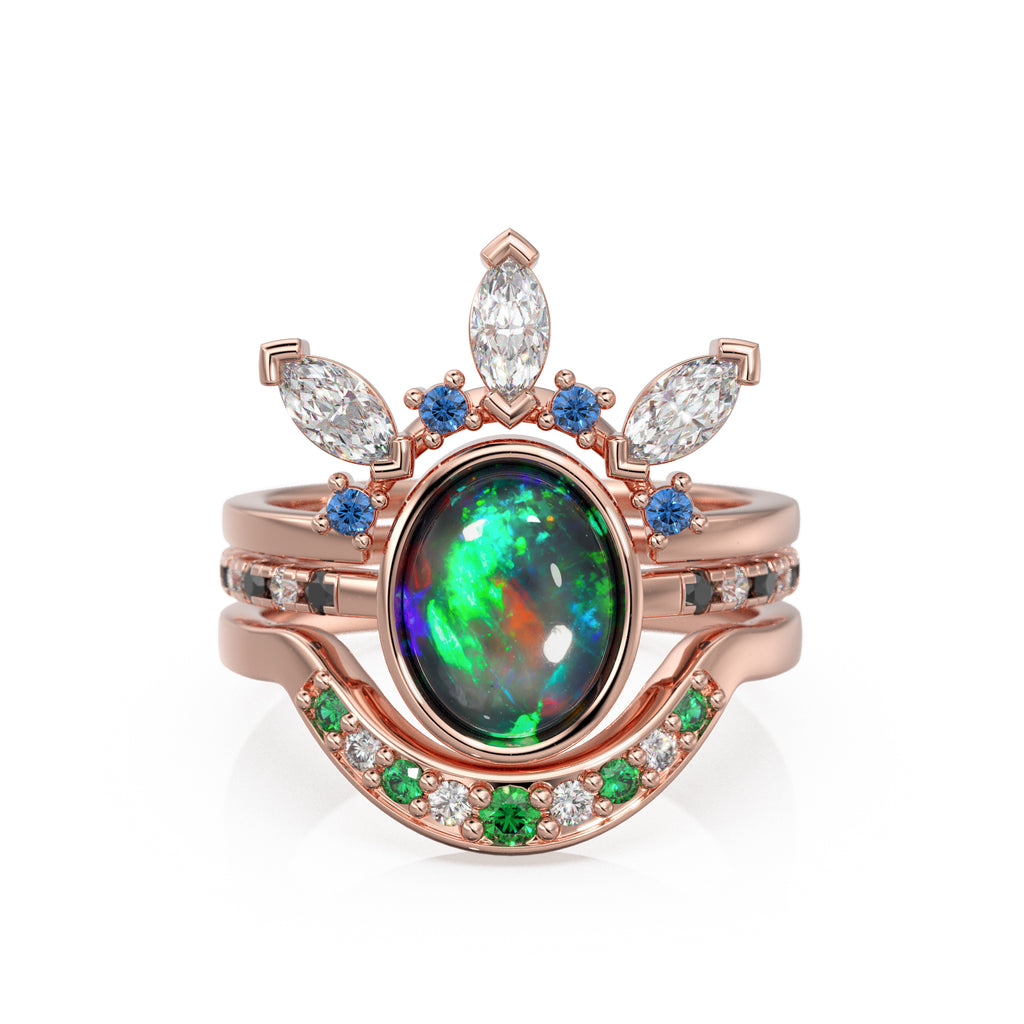 Black Opal Engagement Ring Set, Lab Diamond Lightning Ridge Solid Rose Gold Opal Ring, Blue Sapphire Lagoon Set