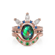 Load image into Gallery viewer, Black Opal Engagement Ring Set, Lab Diamond Lightning Ridge Solid Rose Gold Opal Ring, Blue Sapphire Lagoon Set