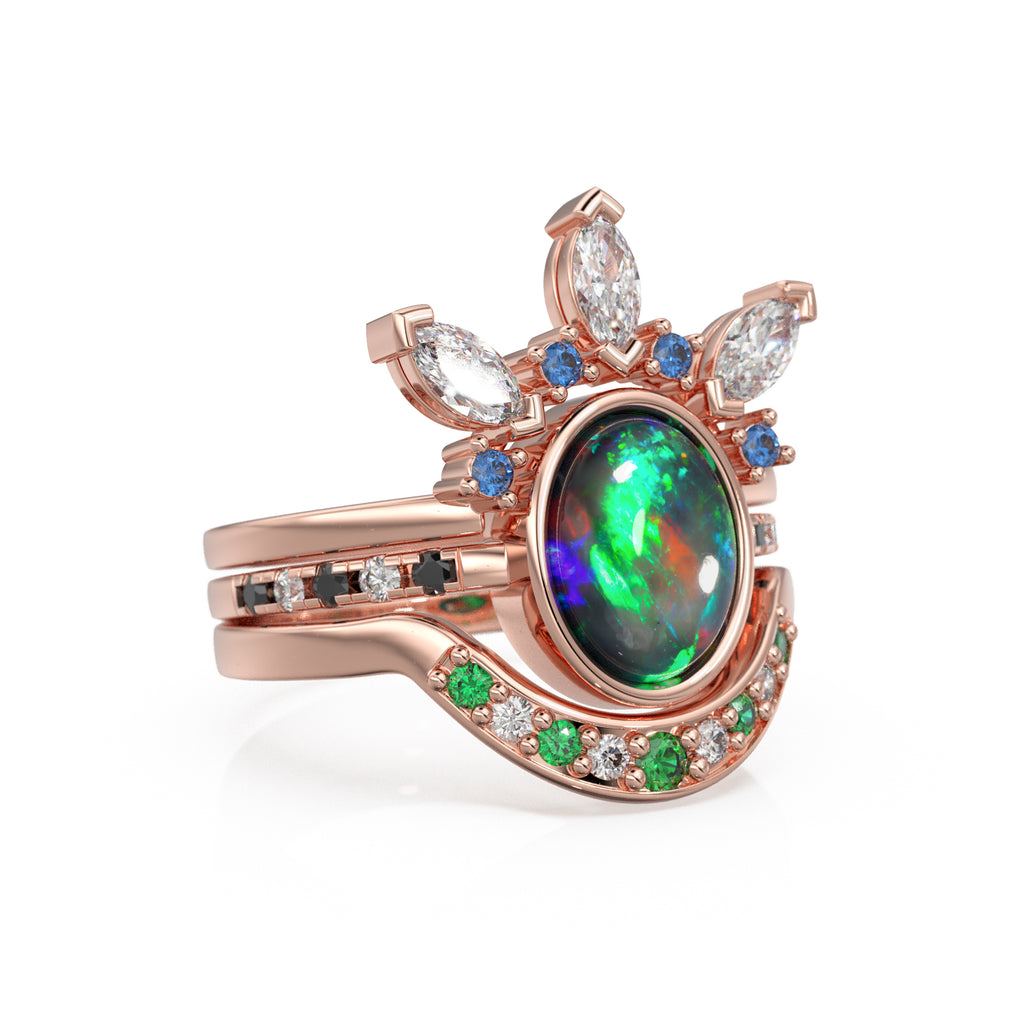 Black Opal Engagement Ring Set, Lab Diamond Lightning Ridge Solid Rose Gold Opal Ring, Blue Sapphire Lagoon Set
