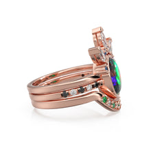 Load image into Gallery viewer, Black Opal Engagement Ring Set, Lab Diamond Lightning Ridge Solid Rose Gold Opal Ring, Blue Sapphire Lagoon Set