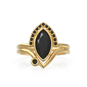 Lab Black Diamond Engagement Ring Set, Black Marquise Diamond Ring with gold V Wedding Band, Unique Modern Engagement Ring Set