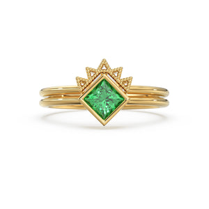 Green Emerald Engagement Ring, Square Emerald Ring Solitaire with Matching Wedding Band