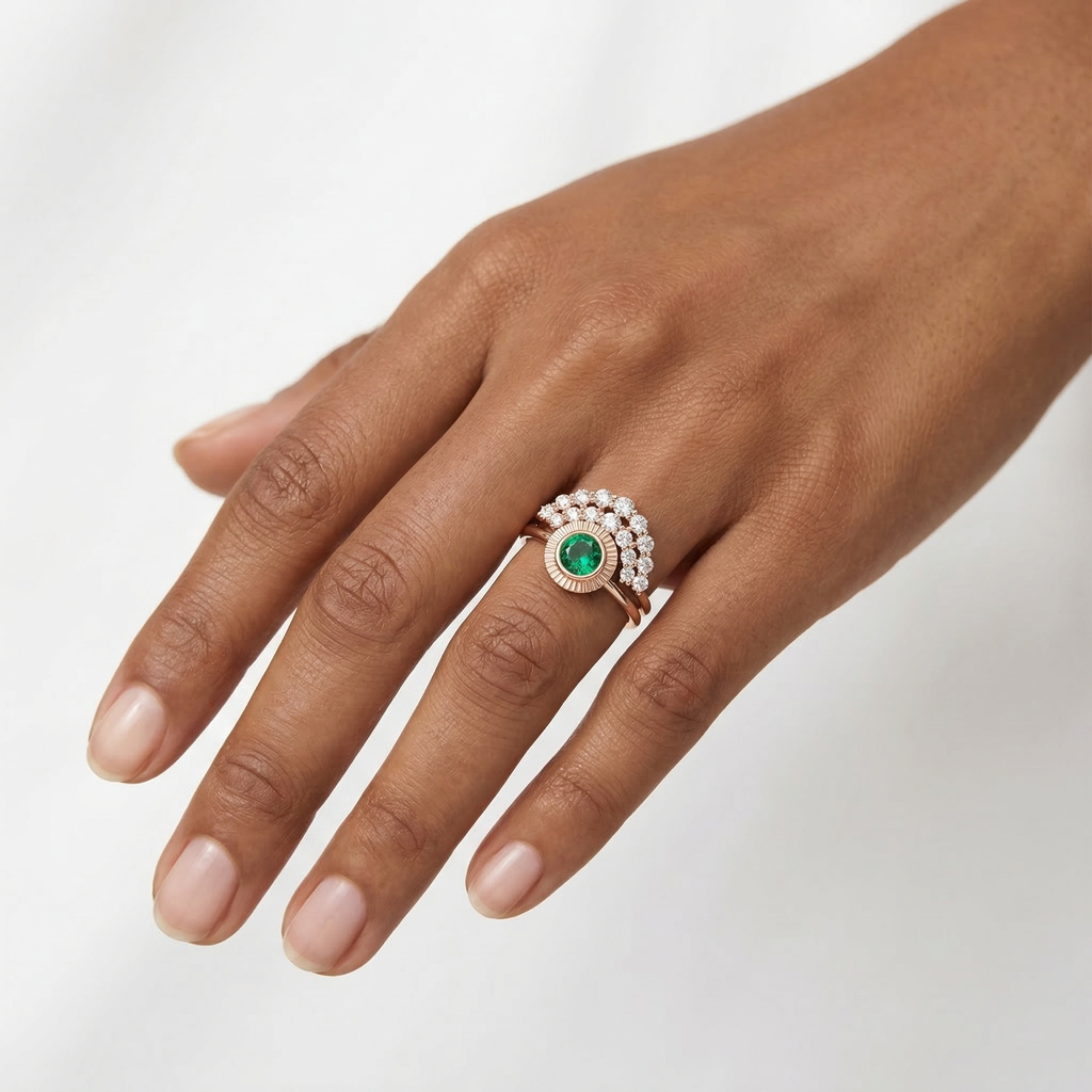 Bohemian Emerald Wedding Ring Set, Emerald Solitaire Ring with Emerald Lab Diamond Curved Band, Green Engagement Ring