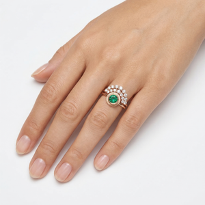 Bohemian Emerald Wedding Ring Set, Emerald Solitaire Ring with Emerald Lab Diamond Curved Band, Green Engagement Ring