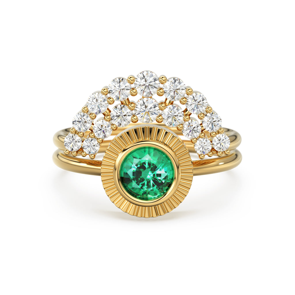 Bohemian Emerald Wedding Ring Set, Emerald Solitaire Ring with Emerald Lab Diamond Curved Band, Green Engagement Ring