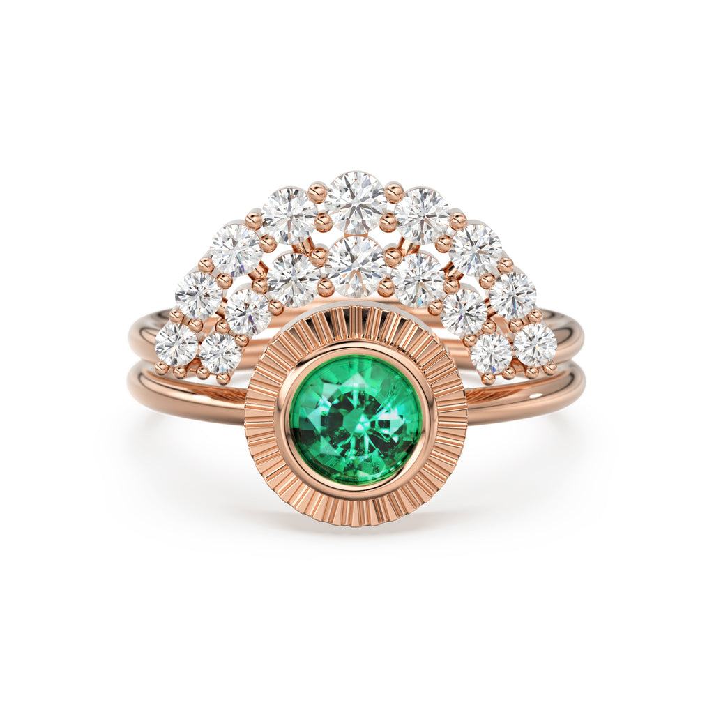 Bohemian Emerald Wedding Ring Set, Emerald Solitaire Ring with Emerald Lab Diamond Curved Band, Green Engagement Ring