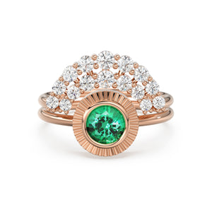 Bohemian Emerald Wedding Ring Set, Emerald Solitaire Ring with Emerald Lab Diamond Curved Band, Green Engagement Ring