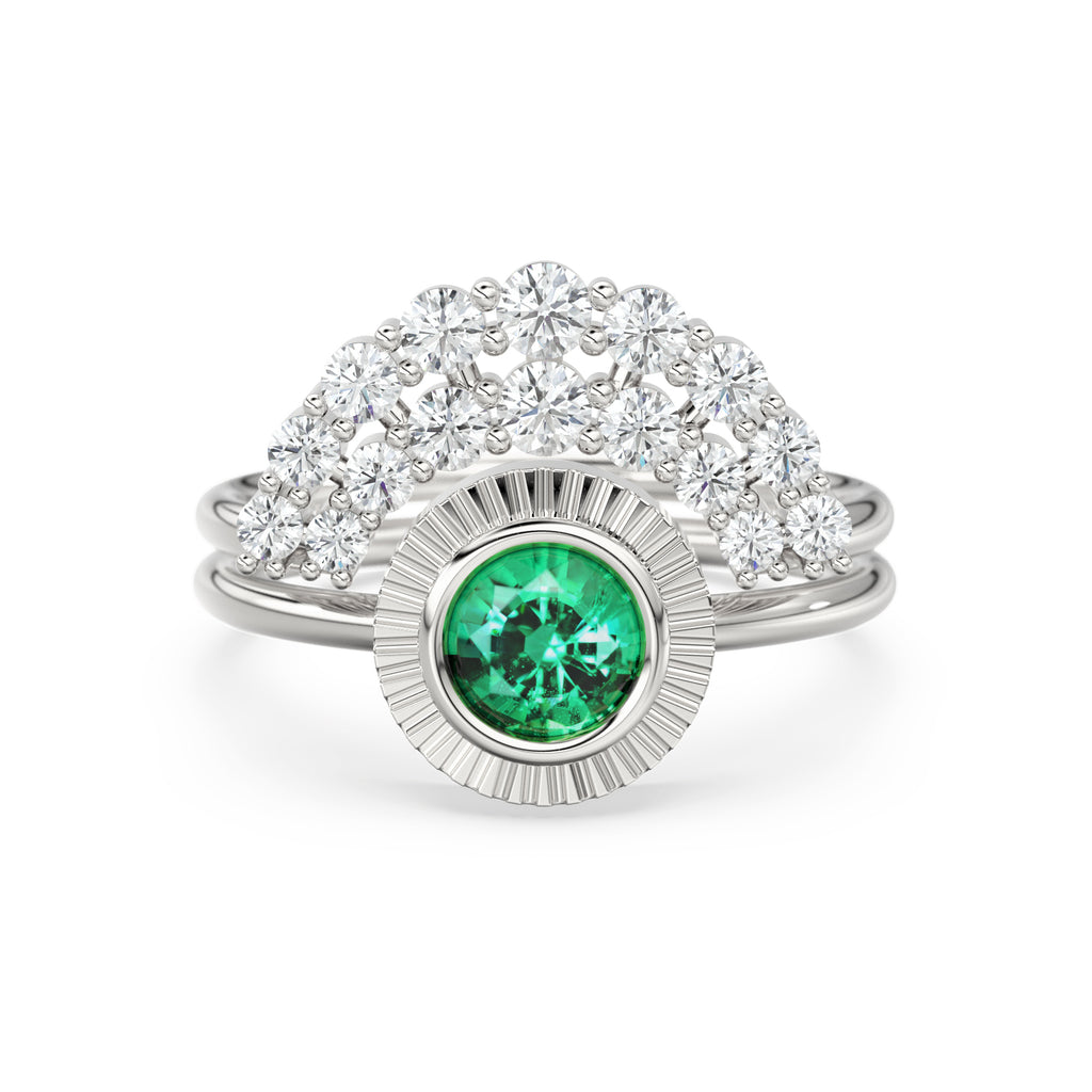 Bohemian Emerald Wedding Ring Set, Emerald Solitaire Ring with Emerald Lab Diamond Curved Band, Green Engagement Ring