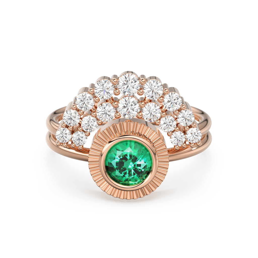 Bohemian Emerald Wedding Ring Set, Emerald Solitaire Ring with Emerald Lab Diamond Curved Band, Green Engagement Ring