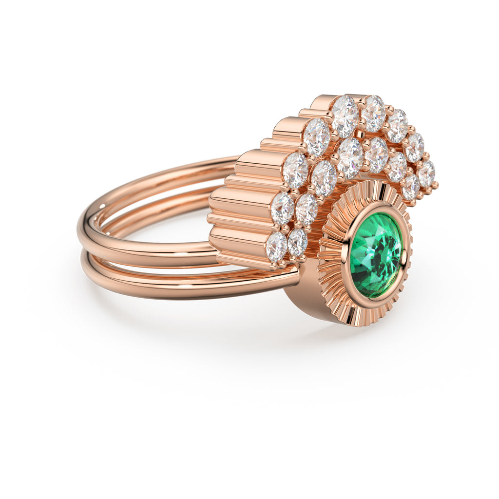 Bohemian Emerald Wedding Ring Set, Emerald Solitaire Ring with Emerald Lab Diamond Curved Band, Green Engagement Ring