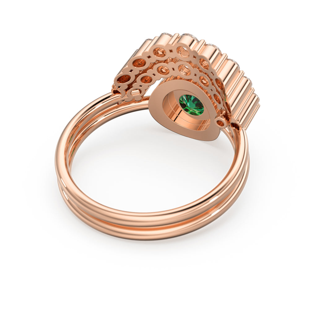 Bohemian Emerald Wedding Ring Set, Emerald Solitaire Ring with Emerald Lab Diamond Curved Band, Green Engagement Ring