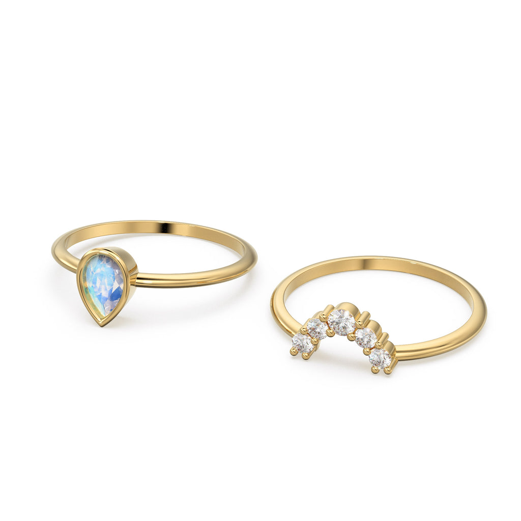 Pear Moonstone Ring Set, Lab Diamond Crown Ring with Moonstone Solitaire Ring, Moonstone Diamond Ring Set, simple Ring Set