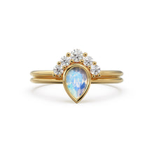 Load image into Gallery viewer, Pear Moonstone Ring Set, Lab Diamond Crown Ring with Moonstone Solitaire Ring, Moonstone Diamond Ring Set, simple Ring Set