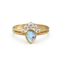 Load image into Gallery viewer, Pear Moonstone Ring Set, Lab Diamond Crown Ring with Moonstone Solitaire Ring, Moonstone Diamond Ring Set, simple Ring Set