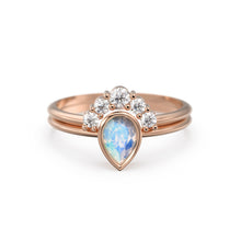 Load image into Gallery viewer, Pear Moonstone Ring Set, Lab Diamond Crown Ring with Moonstone Solitaire Ring, Moonstone Diamond Ring Set, simple Ring Set