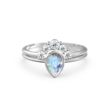 Load image into Gallery viewer, Pear Moonstone Ring Set, Lab Diamond Crown Ring with Moonstone Solitaire Ring, Moonstone Diamond Ring Set, simple Ring Set