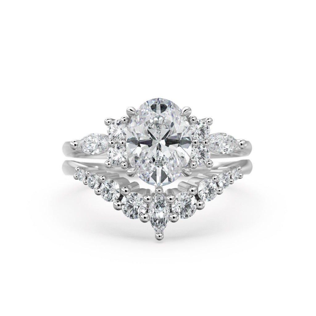 1ct Oval Lab diamond ring set, White Gold Diamond Engagement Ring Set, Floral Marquise Diamond Ring