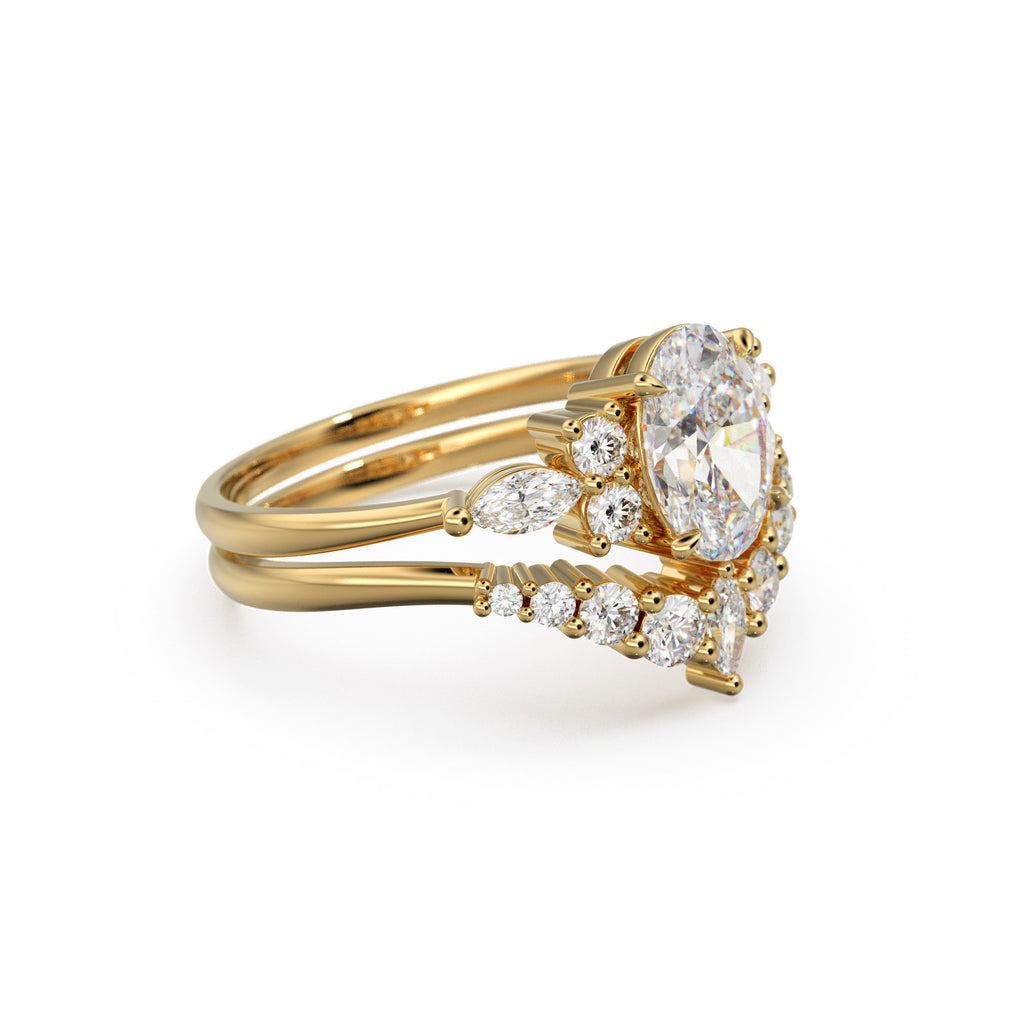 1ct Oval Lab diamond ring set, White Gold Diamond Engagement Ring Set, Floral Marquise Diamond Ring