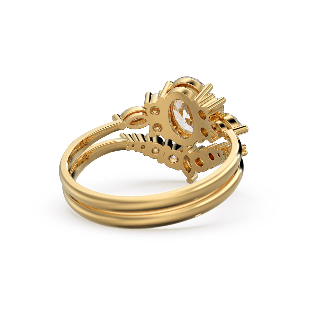 1ct Oval Lab diamond ring set, White Gold Diamond Engagement Ring Set, Floral Marquise Diamond Ring