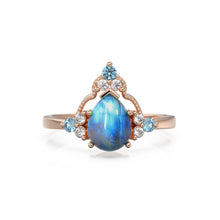 Load image into Gallery viewer, Blue Moonstone Glam Engagement Ring NYC, Lab Diamond Blue Sapphire Solid Gold Ring, Gemstone Ring for Collegue