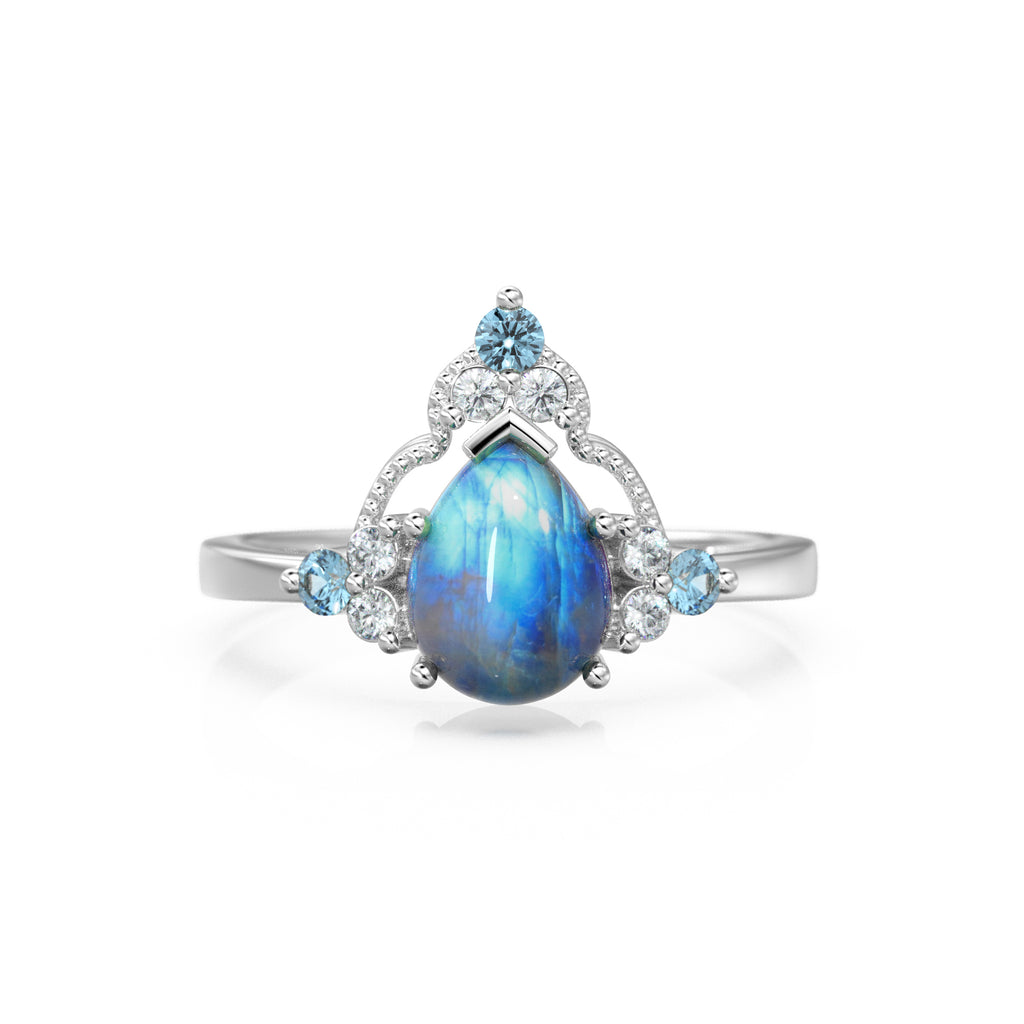 Blue Moonstone Glam Engagement Ring NYC, Lab Diamond Blue Sapphire Solid Gold Ring, Gemstone Ring for Collegue