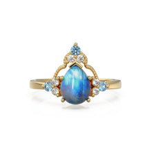 Load image into Gallery viewer, Blue Moonstone Glam Engagement Ring NYC, Lab Diamond Blue Sapphire Solid Gold Ring, Gemstone Ring for Collegue