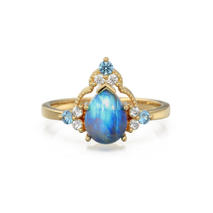 Blue Moonstone Glam Engagement Ring NYC, Lab Diamond Blue Sapphire Solid Gold Ring, Gemstone Ring for Collegue