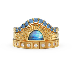 Moonstone engagement ring set, Sunset ring set, Blue Diamond, Moonstone & diamond ring set, Boho engagement rings