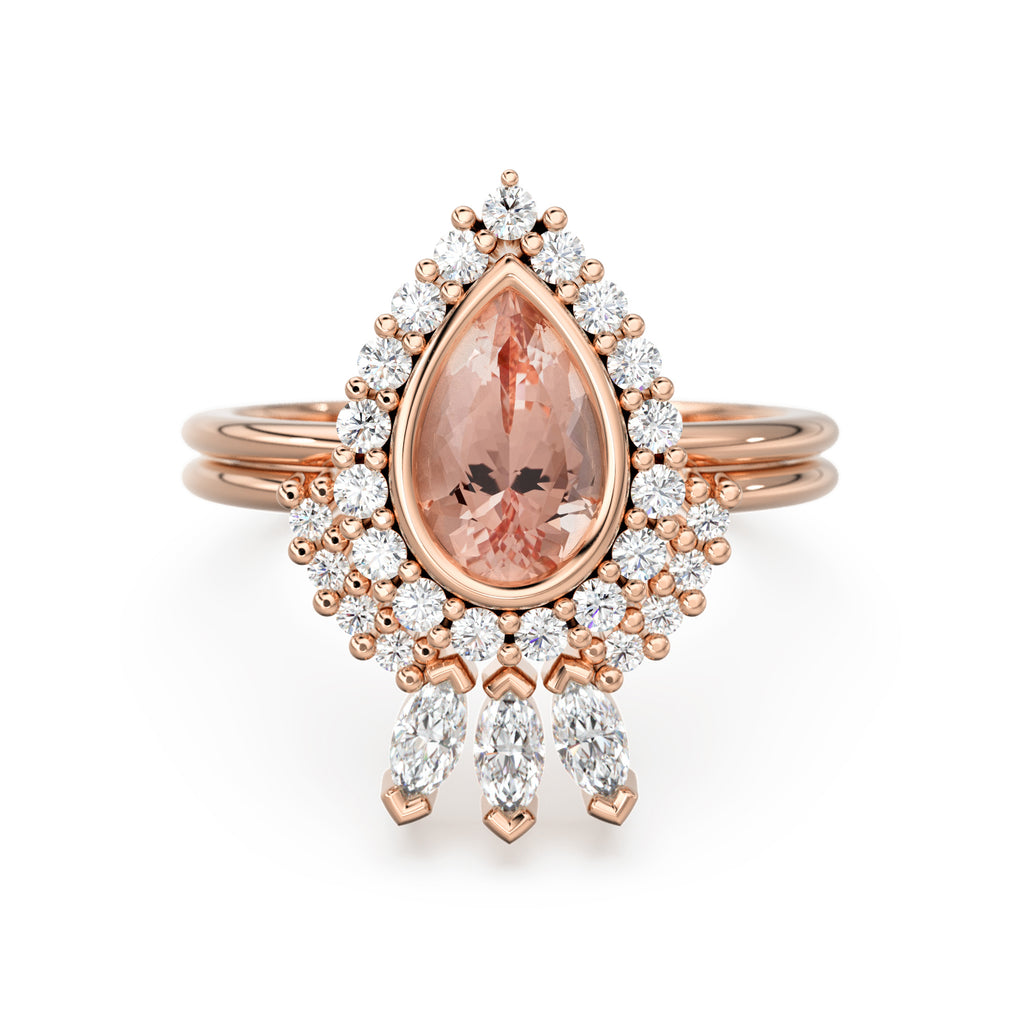 Pear Morganite Diamond Ring Set 10k 14k Gold, Morganite Engagement Ring with Curved Diamond Band, Wedding Ring Set