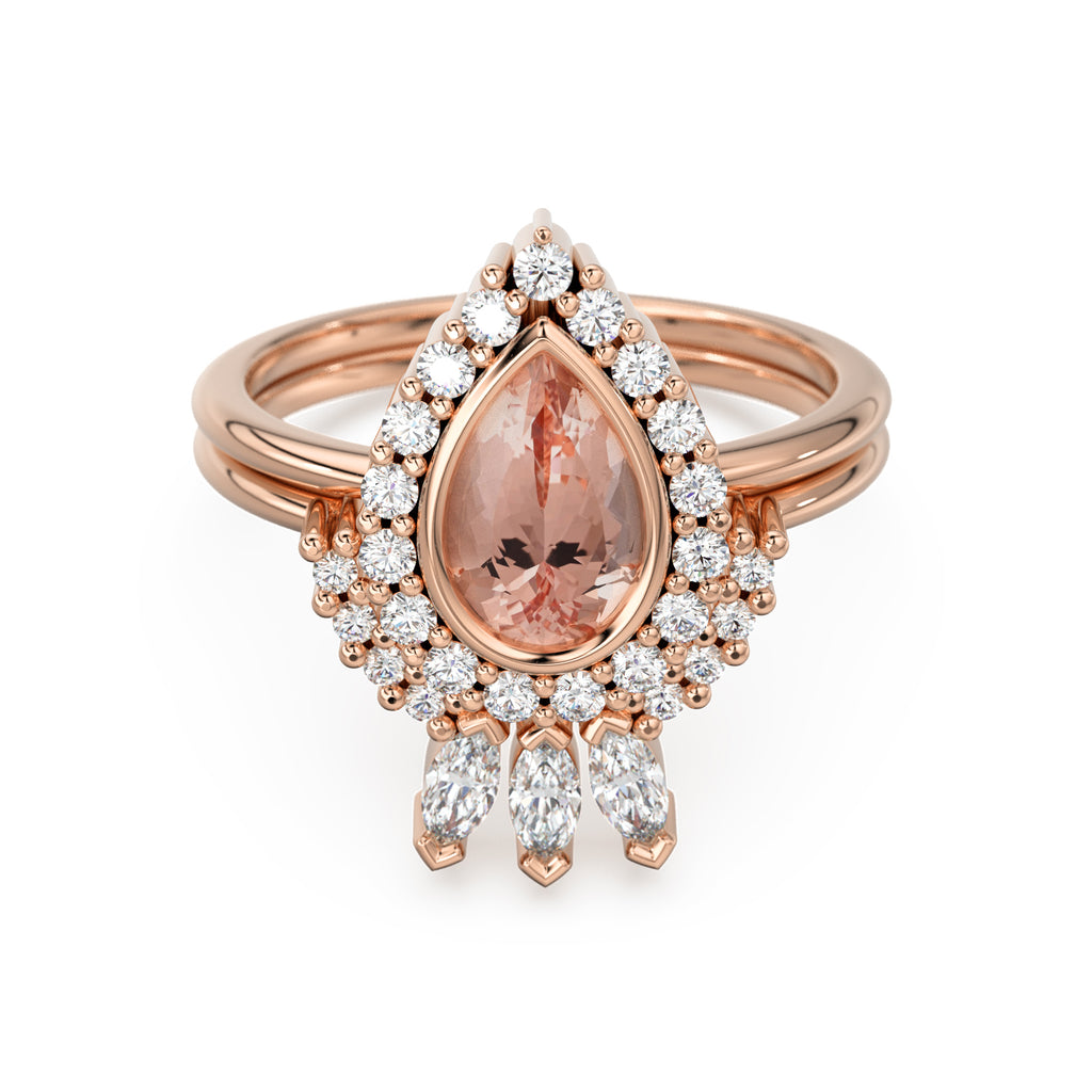 Pear Morganite Diamond Ring Set 10k 14k Gold, Morganite Engagement Ring with Curved Diamond Band, Wedding Ring Set