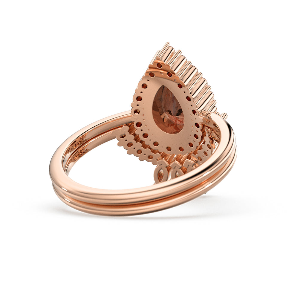 Pear Morganite Diamond Ring Set 10k 14k Gold, Morganite Engagement Ring with Curved Diamond Band, Wedding Ring Set